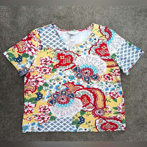 VINTAGE colorful floral cotton T-shirt size Large Retro